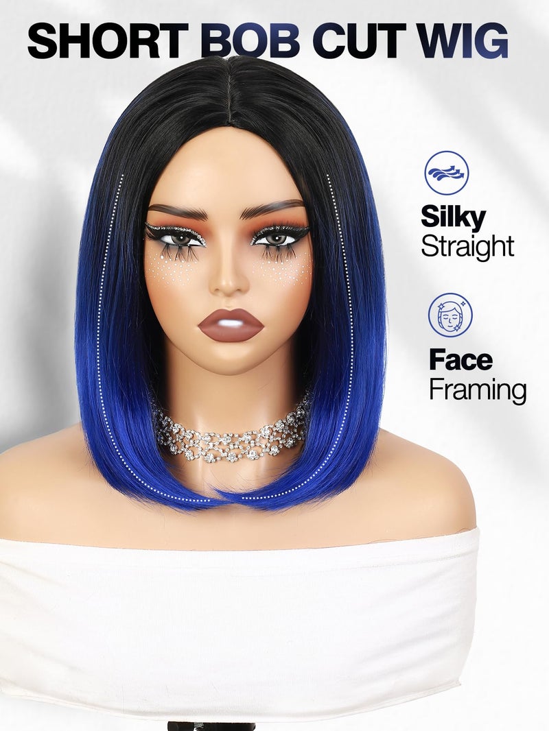 quickwig Quick Wig Short Bob Wig Ombre Wig Black to Blue Side Part Cosplay Party Wig 14 inches Bowl Cut Wig Heat Resistant Fiber Synthetic Wigs for Women Sapphire Blue - Image 2